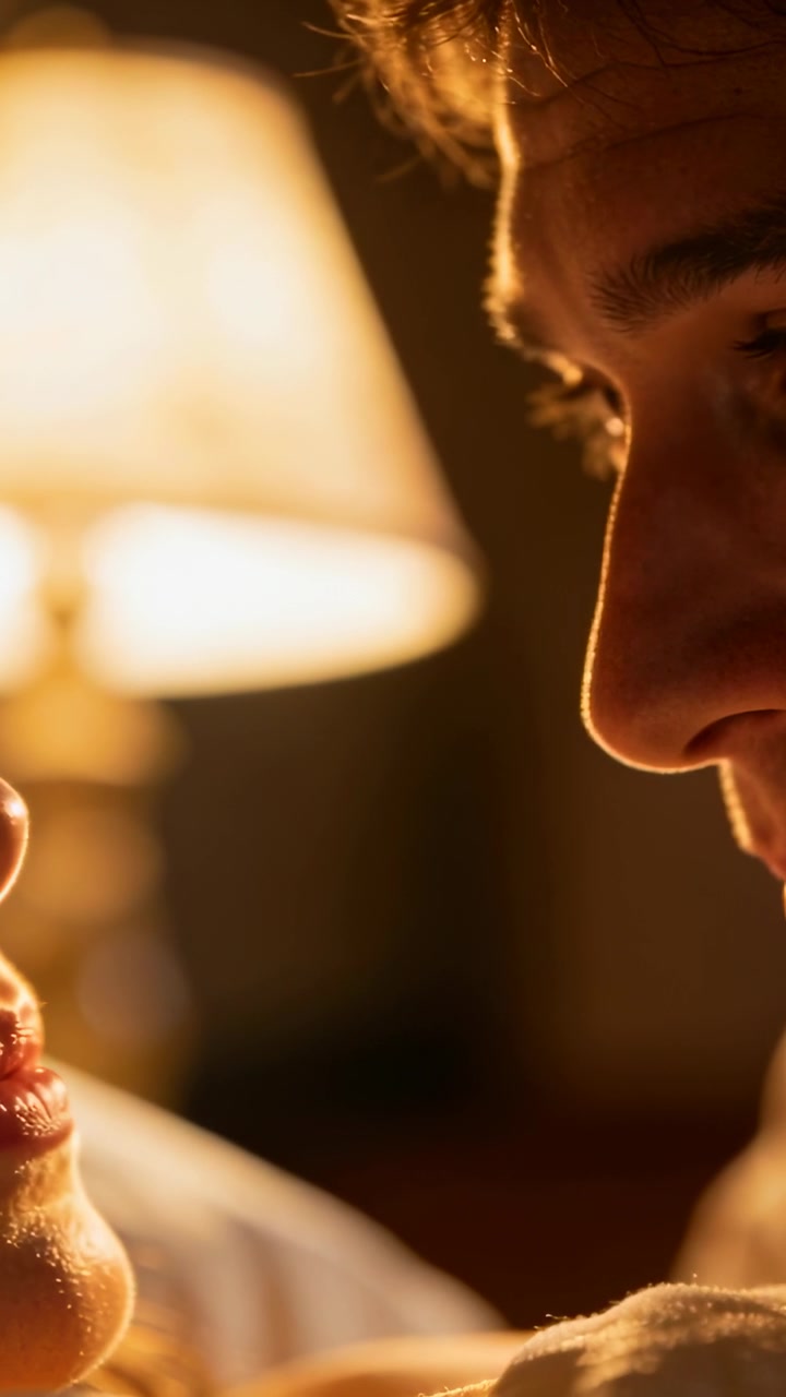 Vertical video: Leaning male partner after gaze, seeking kiss and holding eye contact on bed, lamp