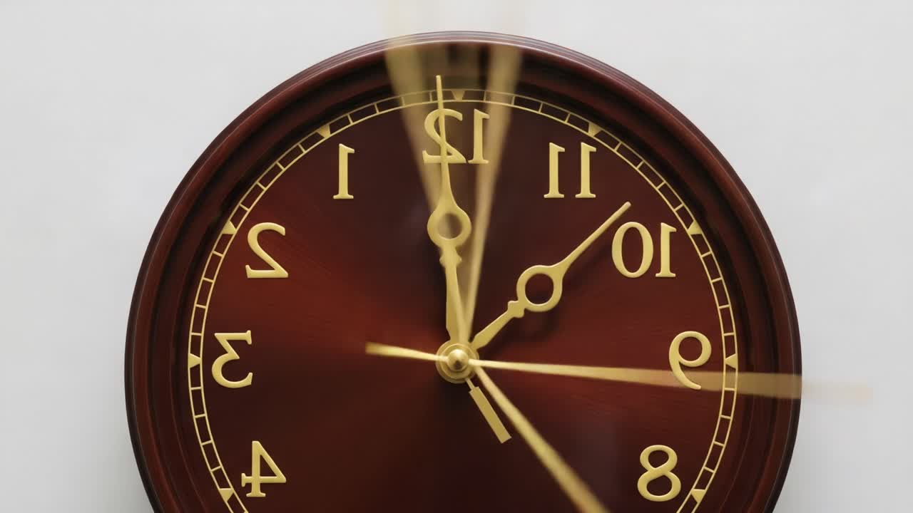 The Passage of Time: A Dynamic Representation of a Clock's Movement Showcasing the Golden Hands and Numbers Against a Rich Wooden Backdrop