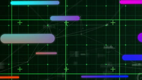 Colorful-bars-and-grid-lines,-data-visualization-animation-over-dark-background