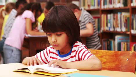 Pupil-reading-book-at-desk-in-library