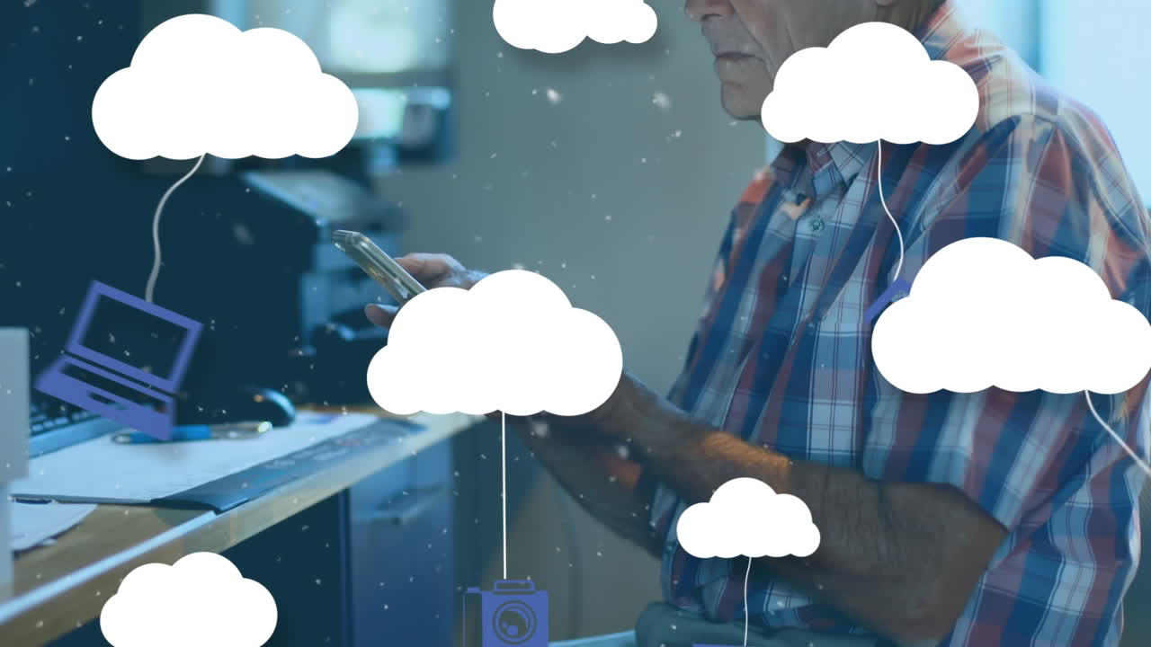 Animation of cloud and digital icons over senior man using smartphone