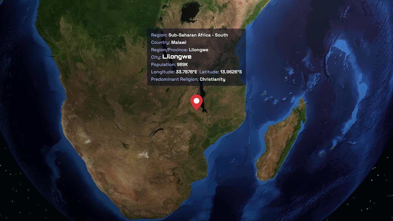 Digital animation zooms from outer space into Lilongwe Malawi with detailed location information overlay