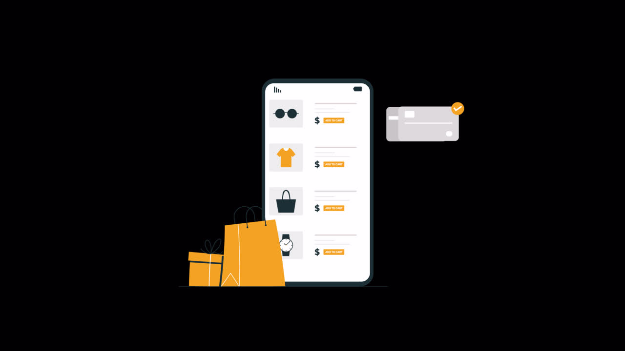 Анимированные онлайн-покупки на смартфоне с оплатой кредитной картой