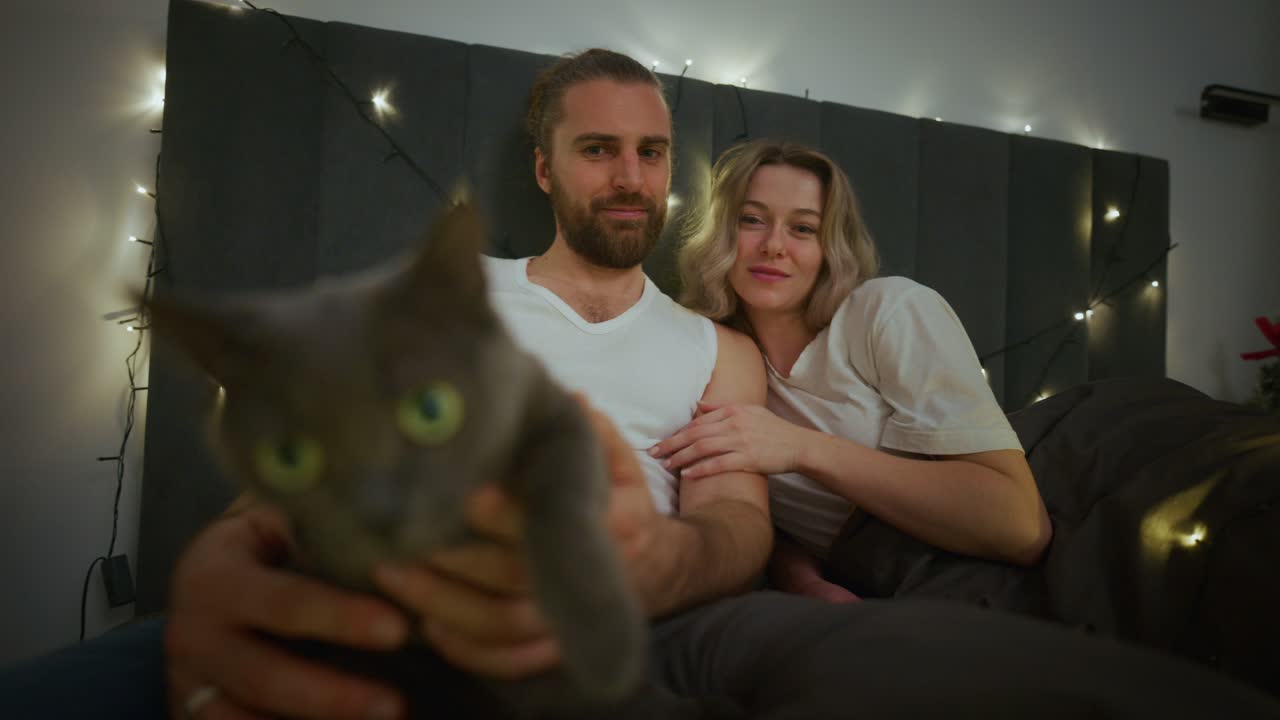 Casal e gato na cama com luzes
