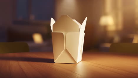 empty takeout box on wooden table in warm lighting