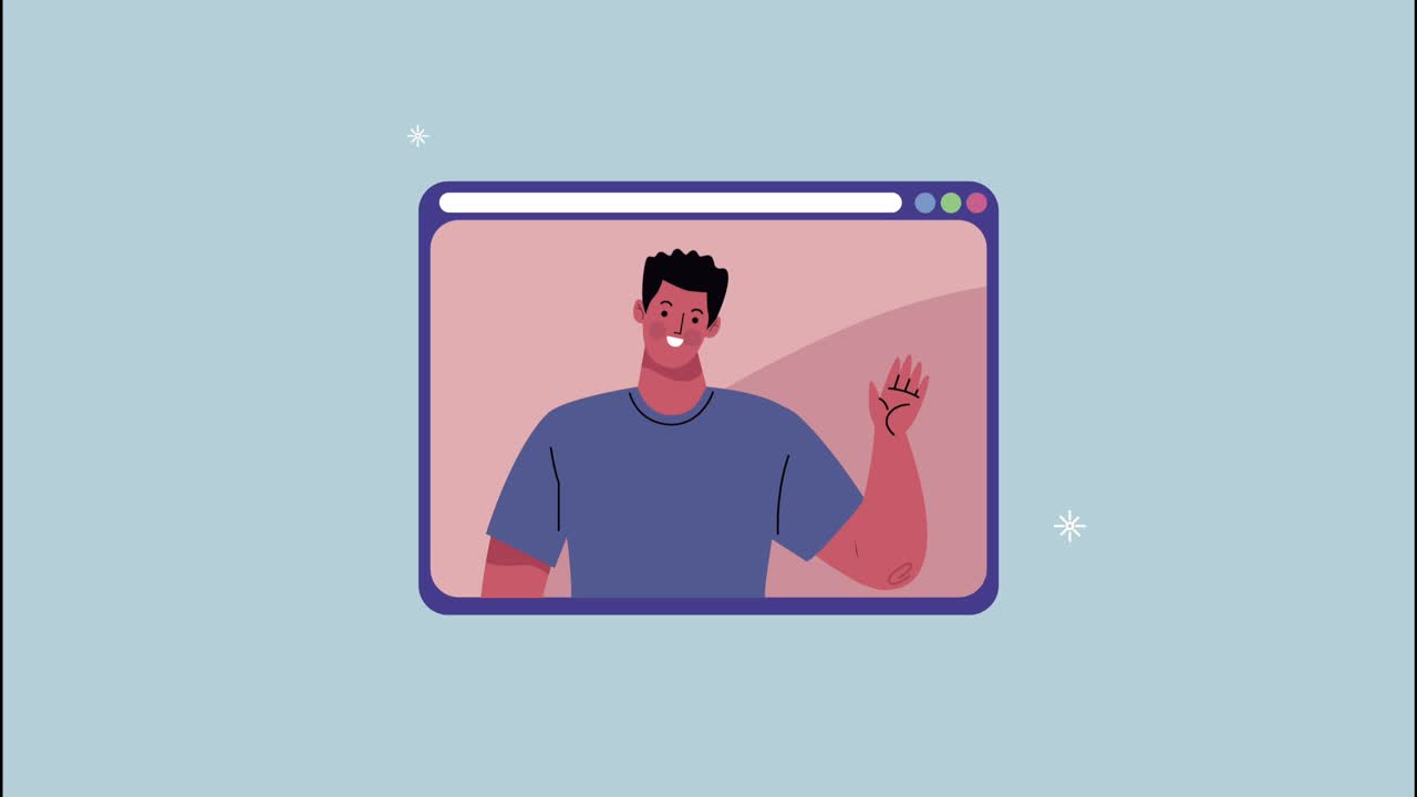 video conference animation with young man in webpage