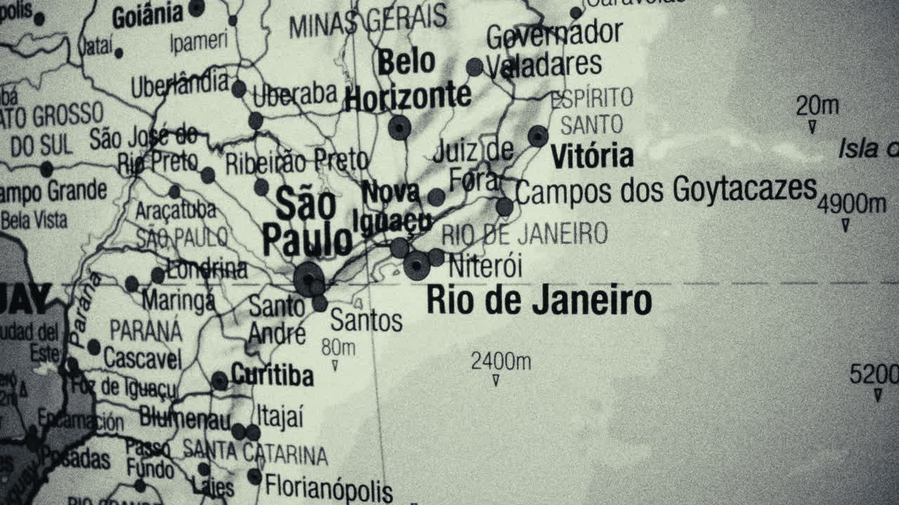 Close-up black and white map of Brazil and parts of South America