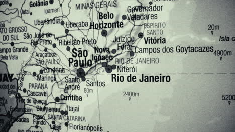 close-up black and white map of brazil and parts of south america