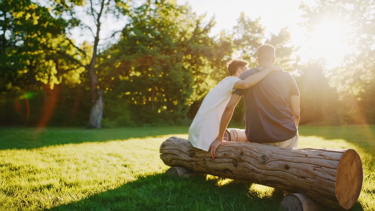Two men sitting on a log in a park at golden hour