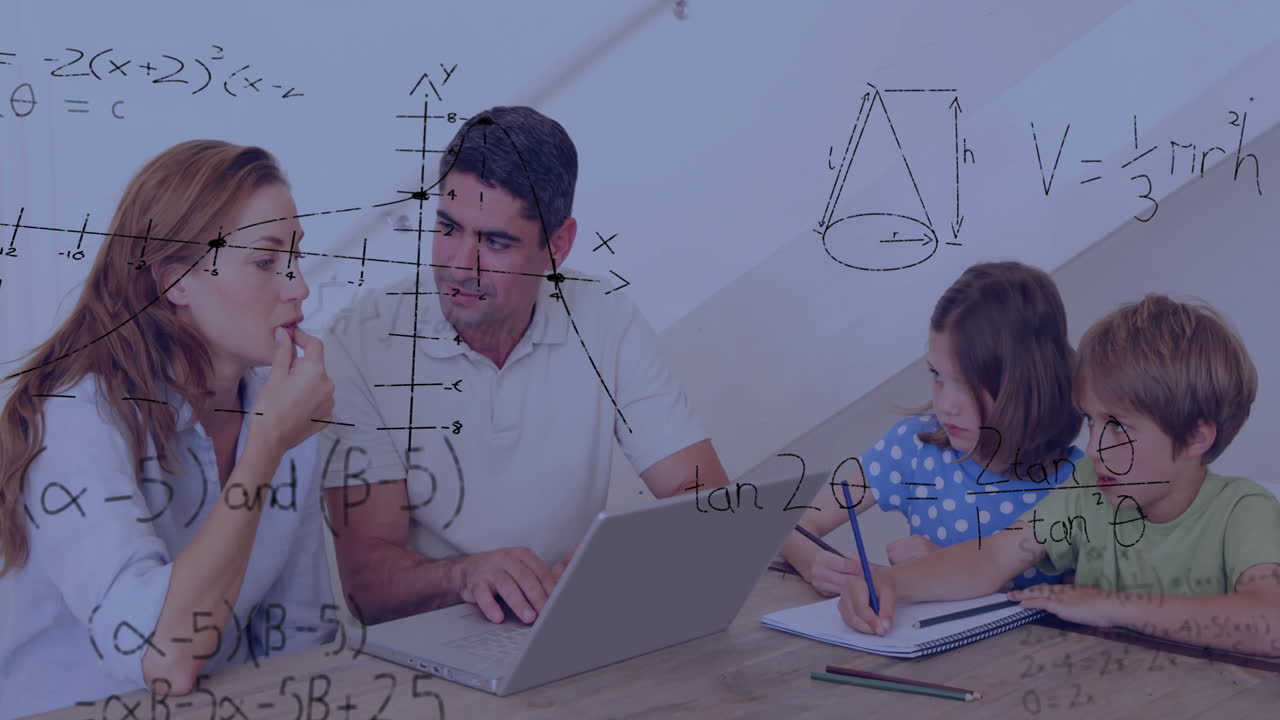 ecuaciones matemáticas y gráficos animación sobre la familia estudiando juntos en casa