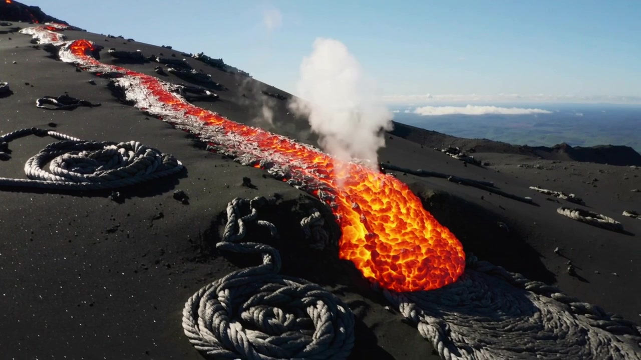 Fronte di lava che avanza in discesa su un campo lavico, emettendo vapore con volute a corda da un'ondata di magma.