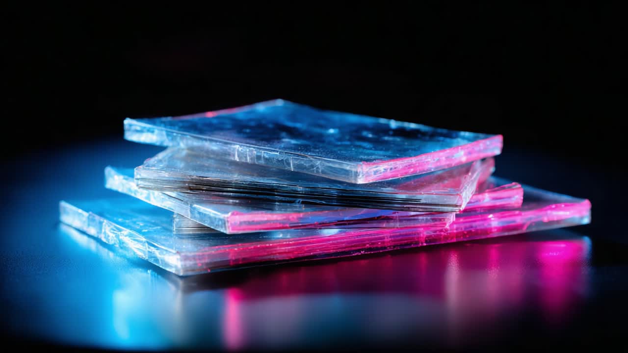 A Stunning Display of Layered Transparent Materials Illuminated with Vibrant Blue and Pink Lights, Showcasing Depth and Artistic Composition