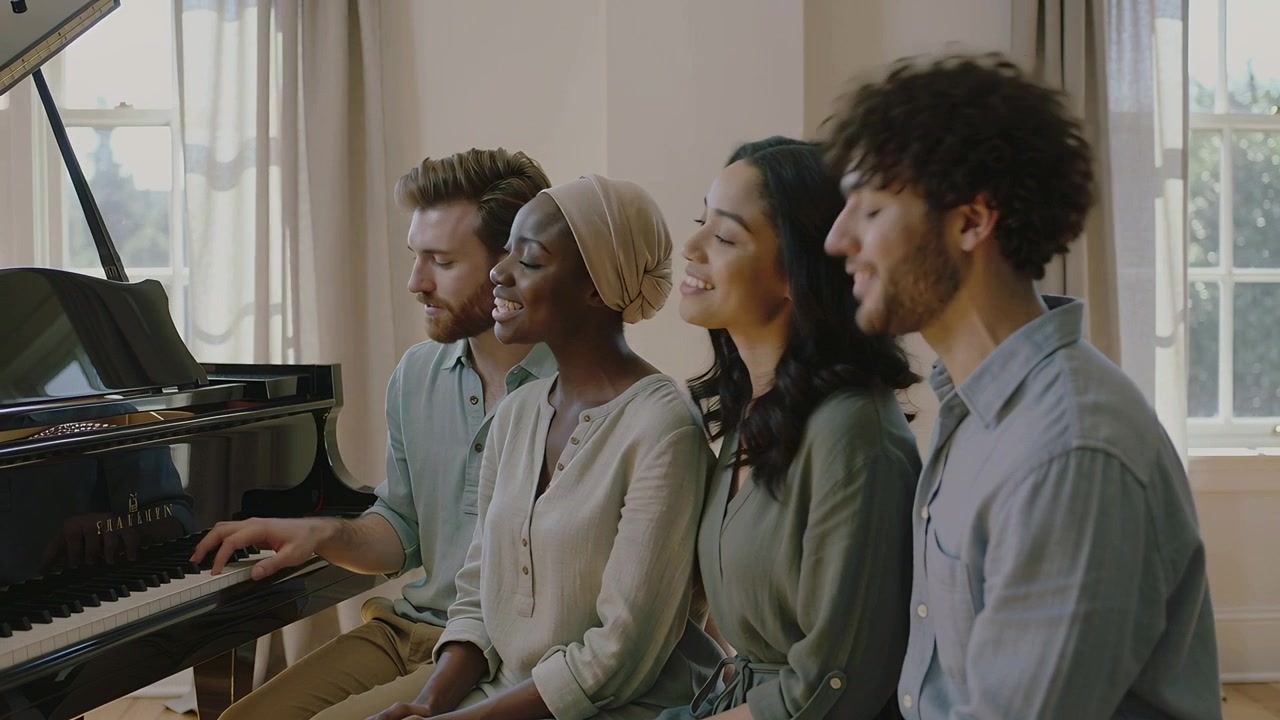 Starting phrase player playing grand piano, three singers with headscarf singing