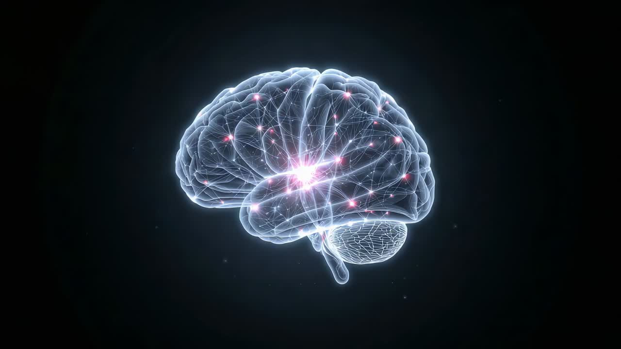 Camera rotating showing hologram brain while core brightening and pink nodes pulsing in dark space