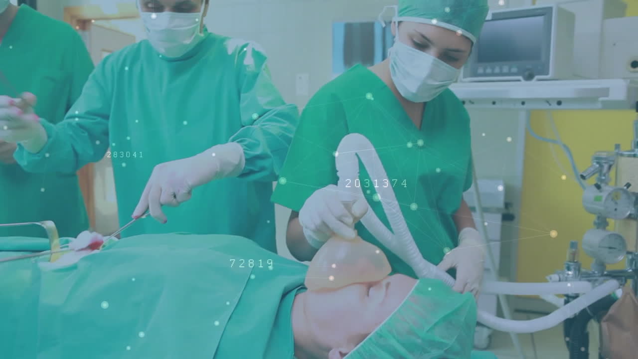 여성 환자에게 가스를 주고 운영하는 백인 외과 의사에 대한 네트워크 및 데이터의 애니메이션