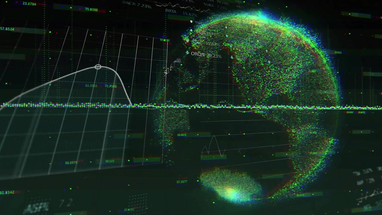 Faint points forming baseline as globe coalescing gridlines rising curve drawing visualizing trends