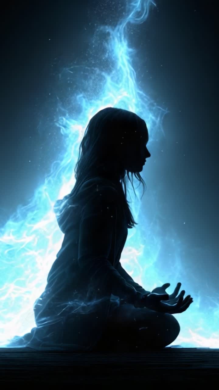 Un Momento Tranquillo di Meditazione: Una Silhouette Serena Circondata da Luce Eterea ed Energia Cosmica, Che Cattura l'Essenza della Pace Interiore e del Risveglio Spirituale