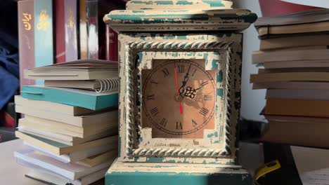 vintage wooden clock ticking antique timepiece close-up in bedroom interior retro nostalgia lifestyle morning light slow-moving second hand classical design library furniture household object indoors