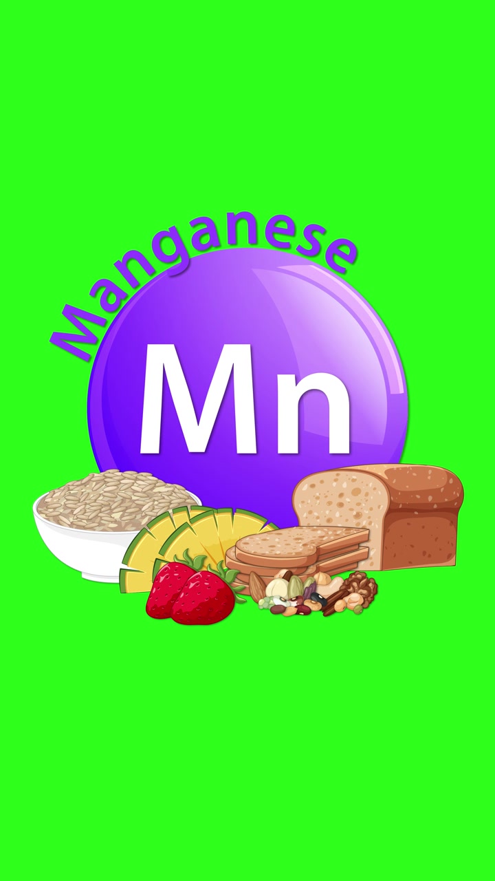 Una animación vibrante revela el símbolo de manganeso (Mn) con su nombre, rodeado gradualmente por fuentes de alimentos ilustradas, sobre un fondo de croma verde brillante.