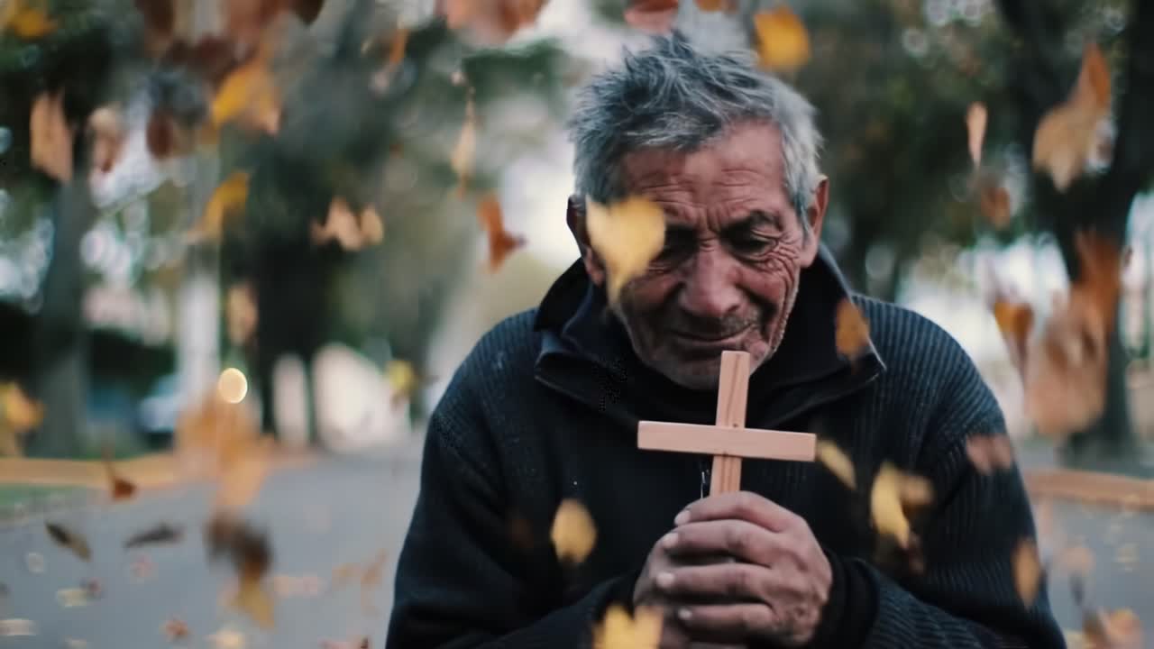 An elderly man stands alone in a park surrounded by fallen leaves, holding a wooden cross close to his heart while deep in thought. The tranquil atmosphere enhances his reflective moment.
