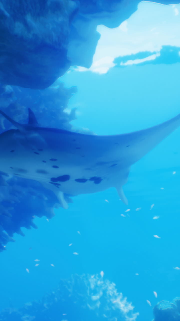 Una manta plana scivola tra le rocce sottomarine in un mare blu brillante