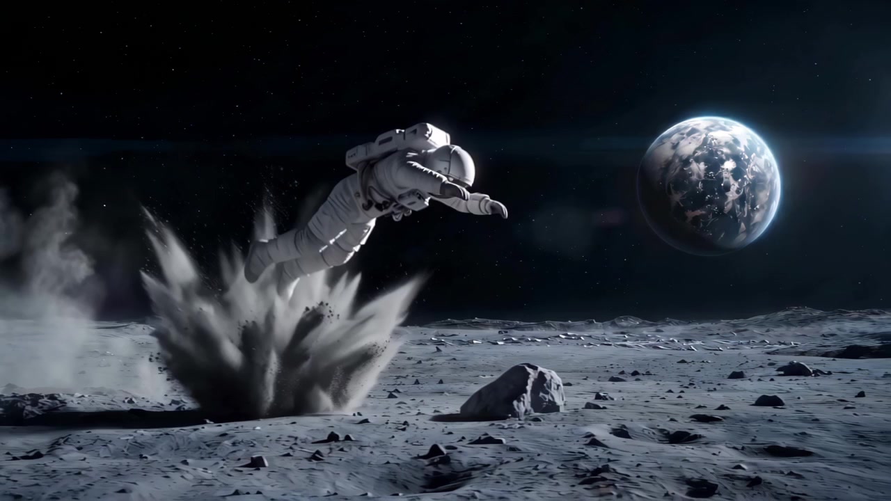 Un astronauta salta attraverso la polvere lunare con un casco riflettente in un cosmo nero stellato