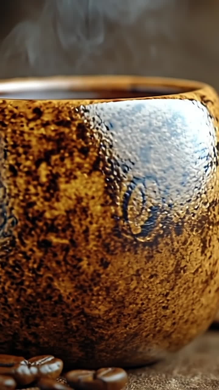 Coffee on a rustic table. A steaming cup of coffee sits on a rustic wooden table surrounded by scattered coffee beans, creating a warm atmosphere.