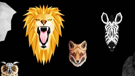 colección de diferentes animales. símbolo del zoológico. iconos de polígono bajo. león, gorila, cebra, mapaches, zorro, elefante, ciervo, búho. conjunto de animación de bucle geométrico.