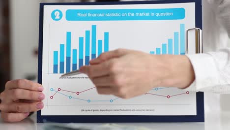 business consultant shows financial statistics report of market closeup