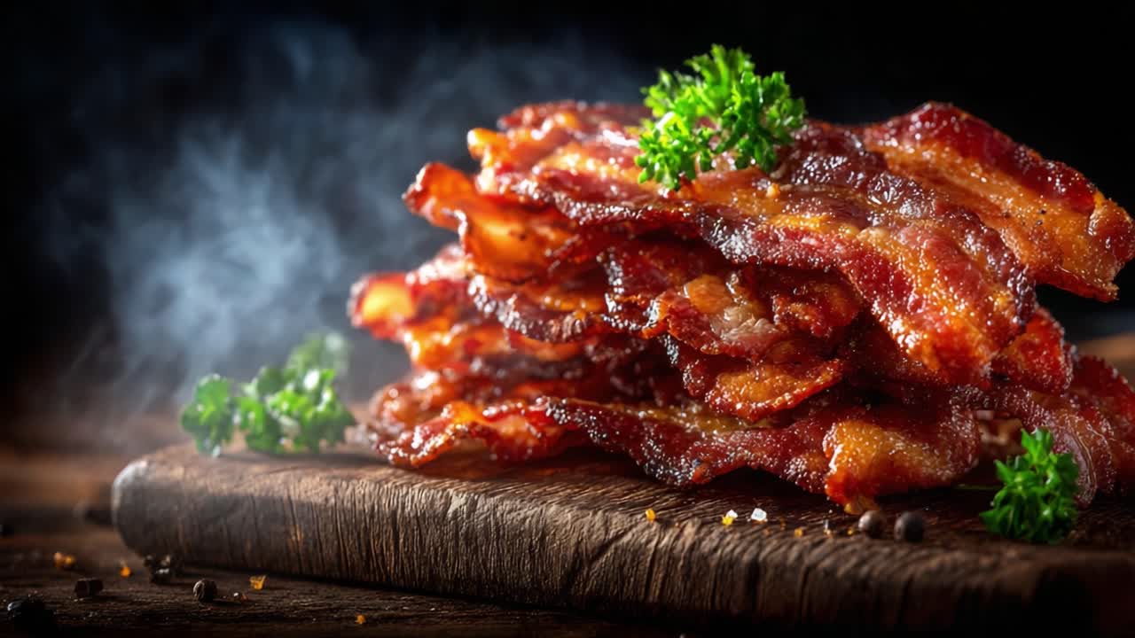 Irresistibly Crispy Bacon Stacks on a Rustic Wooden Board with Fresh Herbs and Aromatic Smoke, Perfect for Any Delicious Meal or Culinary Delight