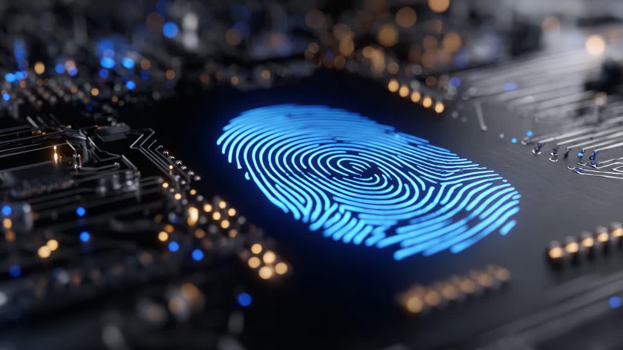 A High-Tech Close-Up of a Digital Fingerprint Imprint Illuminated on a Circuit Board, Symbolizing Security and Advanced Technology in Identity Verification