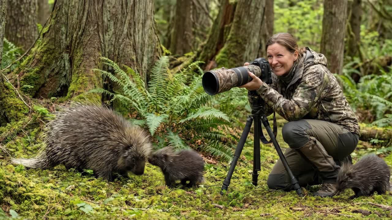 Una fotografa immortala degli istrici in una foresta lussureggiante
