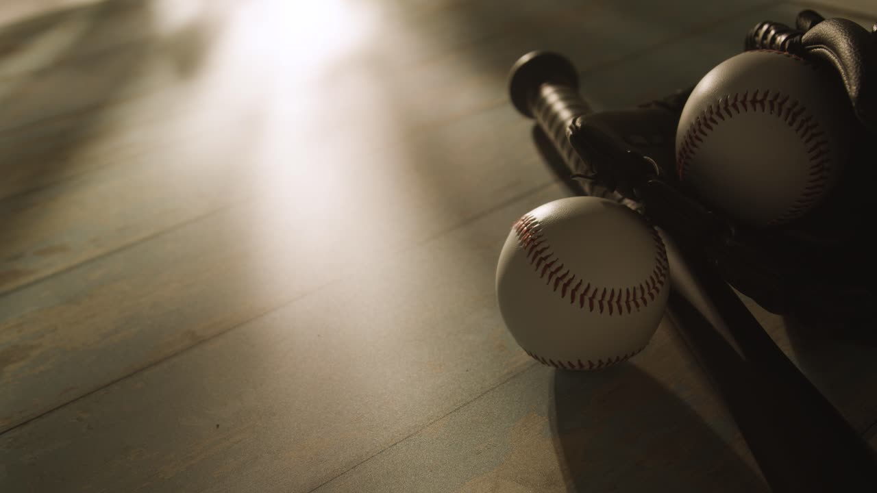 Backlit Close Up Studio Baseball Still Life With Bat Ball And Catchers Mitt On Aged Wooden Floor 2