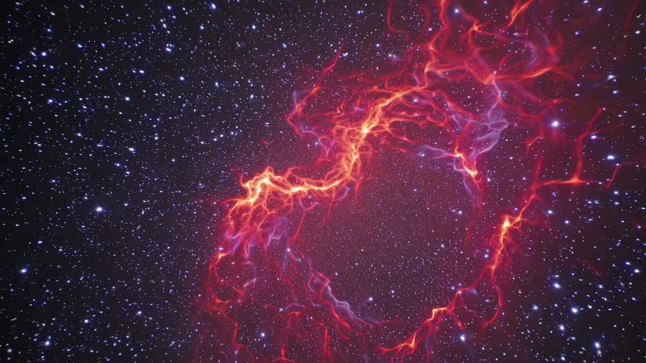 Un'immagine video ipnotizzante di una nebulosa con vivaci sfumature rosse e arancioni, catturata da un grandangolo