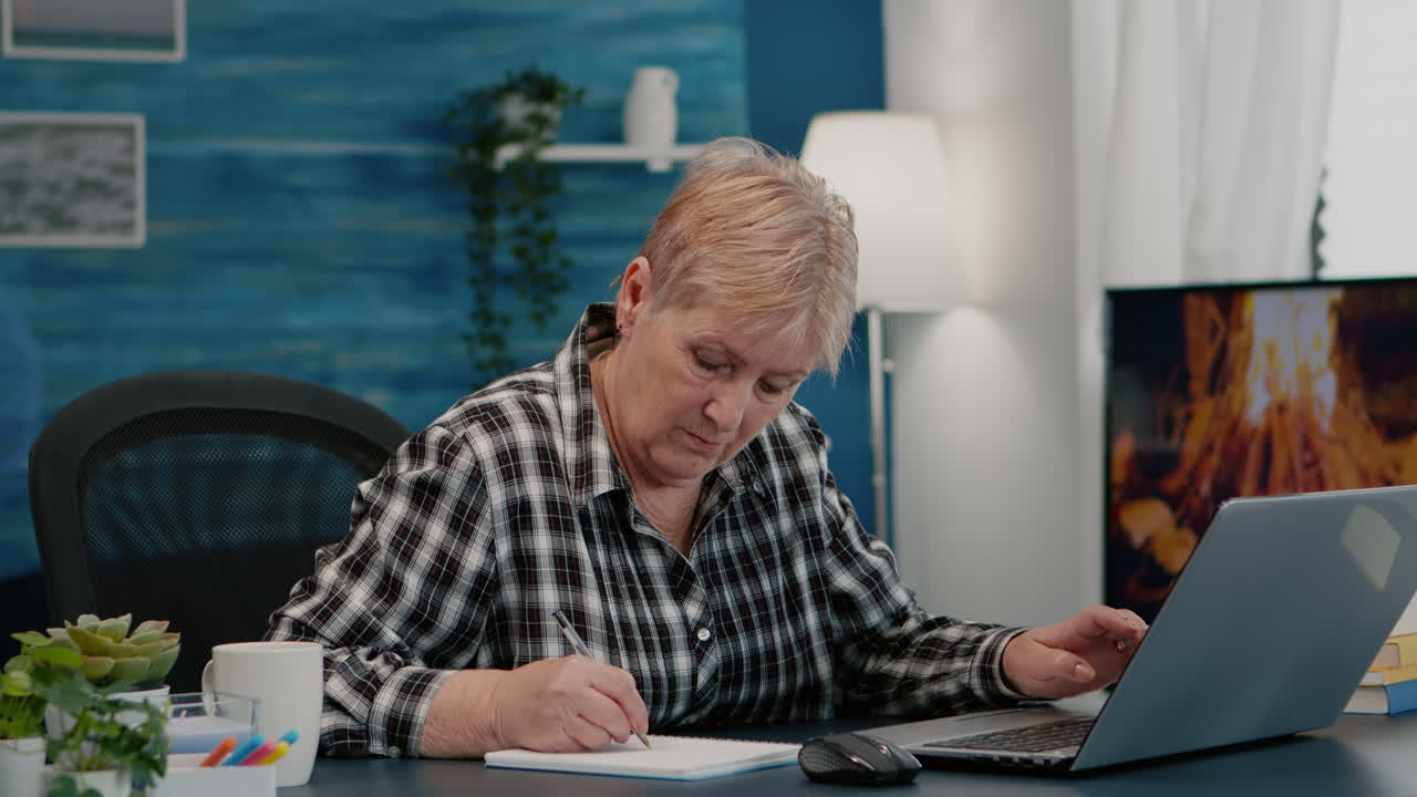 Old woman entrepreneur checking financial project taking notes