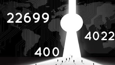 animation of numbers growing over world map and people silhouettes casting shadow