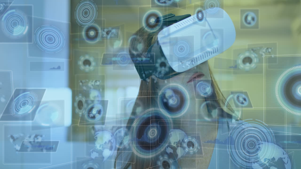 animación de escáneres escaneando en pantallas sobre una mujer con auriculares vr
