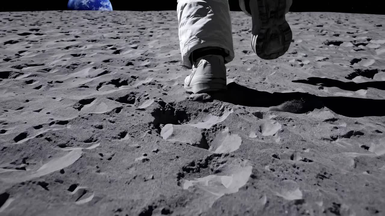Low-angle video shot of an astronaut's boot stepping on the moon's surface, with Earth visible