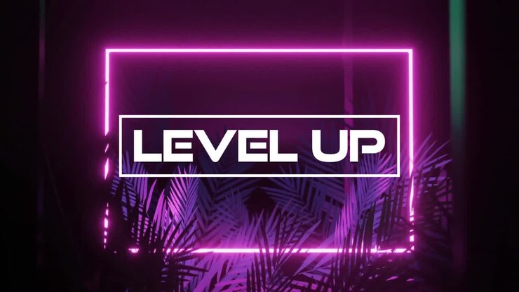 Animation of level up text over neon shapes and leaves