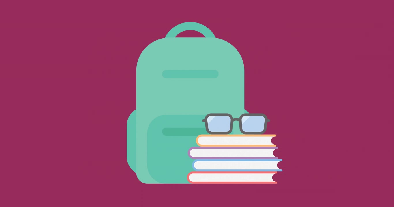 Animation of schoolbags and books moving on maroon background