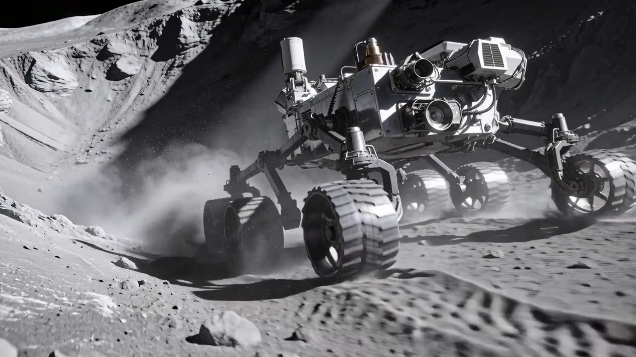 Descending small ledge, six-wheeled robotic rover surveying lunar crater floor, kicking dust plumes