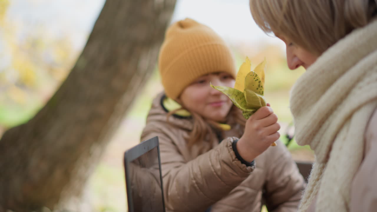 close up of child trying to distract mother working on laptop in autumn park as mother gently pushes child hand away and returns focus to screen against backdrop of vibrant fallen leaves