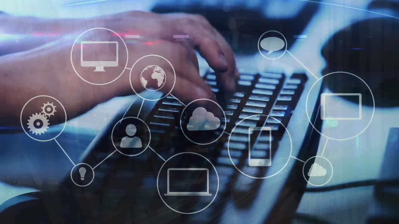 animación de la red de conexiones con iconos sobre las manos de un hombre caucásico escribiendo en el teclado