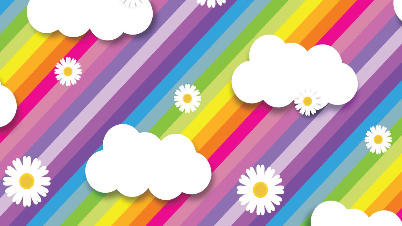 animación de nubes blancas y flores repetidas en el fondo del arco iris