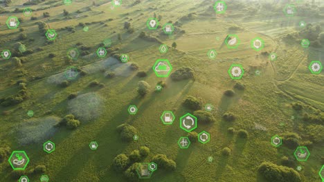 iconos y símbolos animados de protección del medio ambiente por encima de los campos rurales