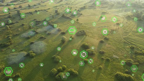 animated environmental protection icons and symbols above countryside fields