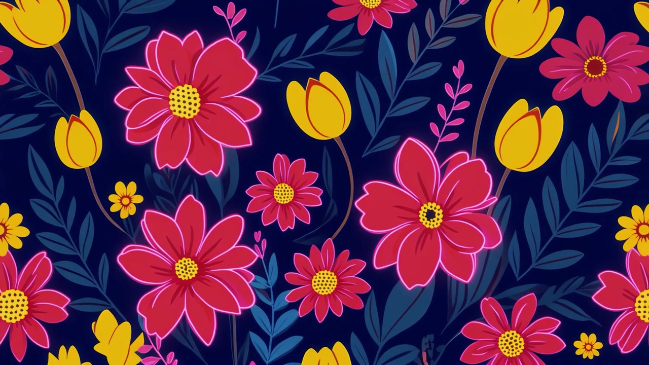 Animated Floral Pattern with Vibrant Pink and Yellow Flowers