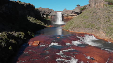 Aerial---Salto-Del-Agrio-Waterfall,-Caviahue,-Argentina-Patagonia,-Slow-Motion-Forward