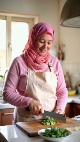 arab islamic woman in hijab sewing in her kitchen.