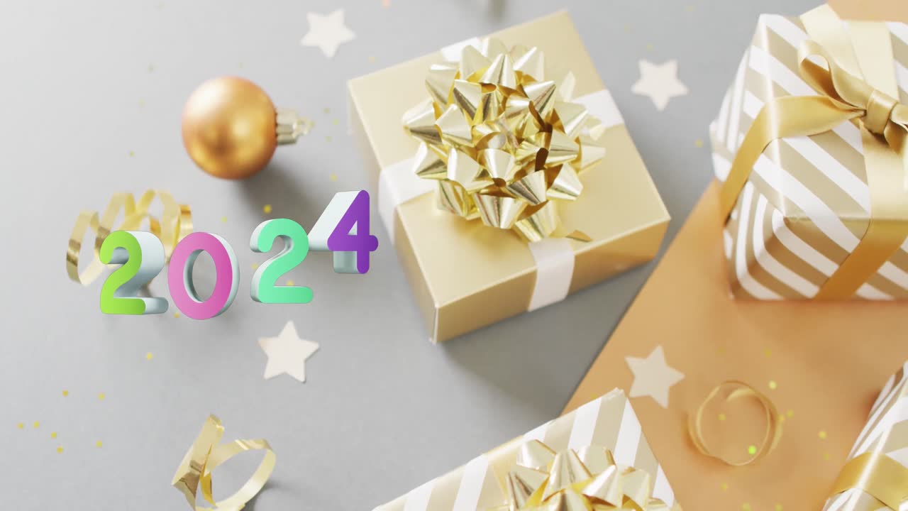 animación del texto de 2024 y decoraciones navideñas en el fondo